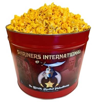 2 gallon popcorn tin with Orak Shriners logo