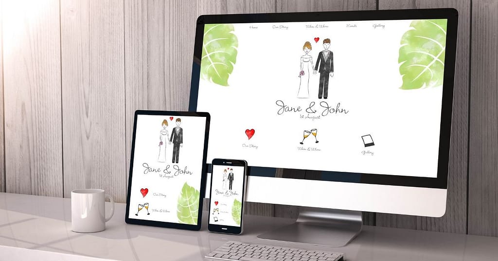 Wedding website on a computer, a tablet and a cell phone